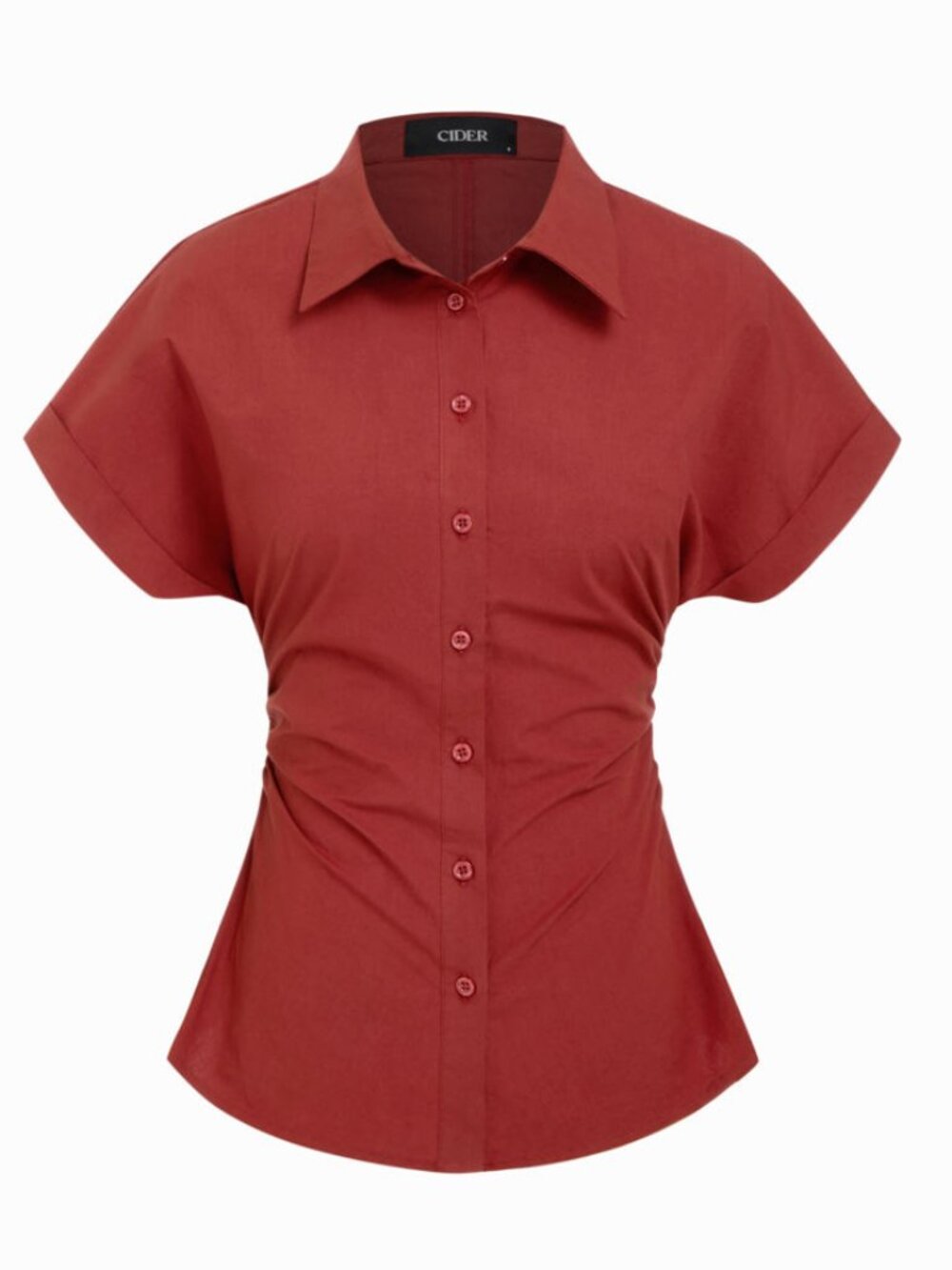 NWT Cider Cotton Blend Short-Sleeve Ruched Button-Up Blouse, Red, Size: M